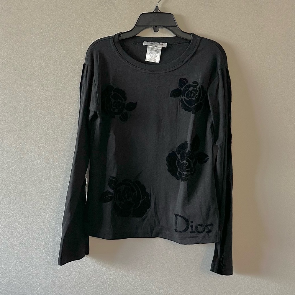 Vintage Y2K Christian Dior Galliano Velvet Rose Appliqué Logo Long Sleeve Tee 4